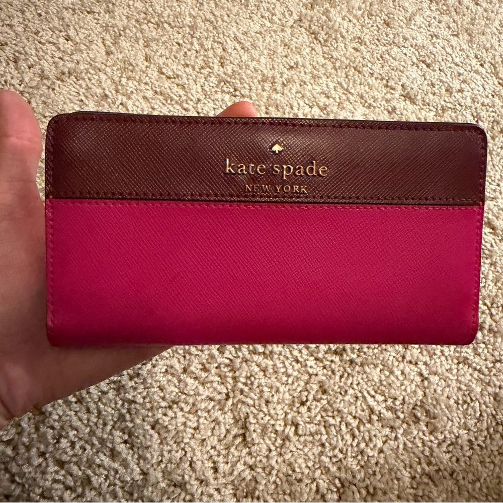 Kate Spade New York Color Block Slim Bifold Wallet Pink Burgundy Leather
